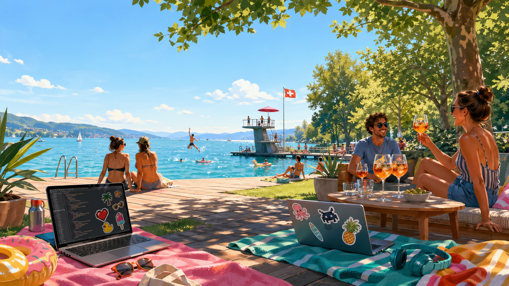 Illustration einer sommerlichen Badi am See mit Laptops und Apero