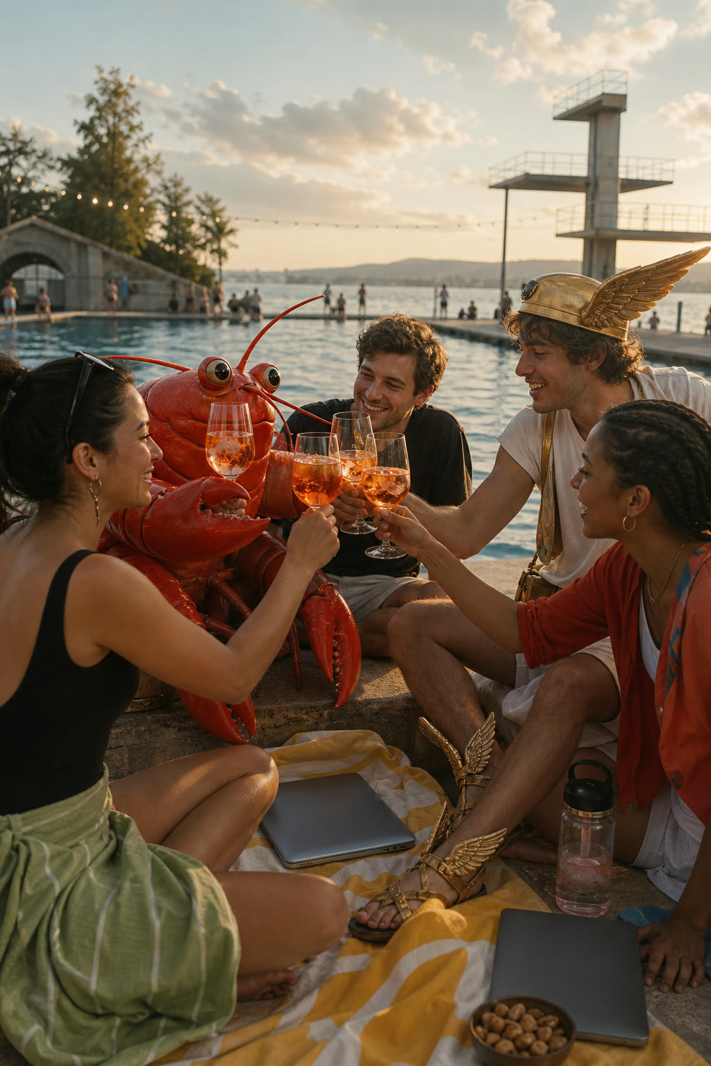 Hummer, Hermes und Menschen stossen beim Apéro in der Badi an