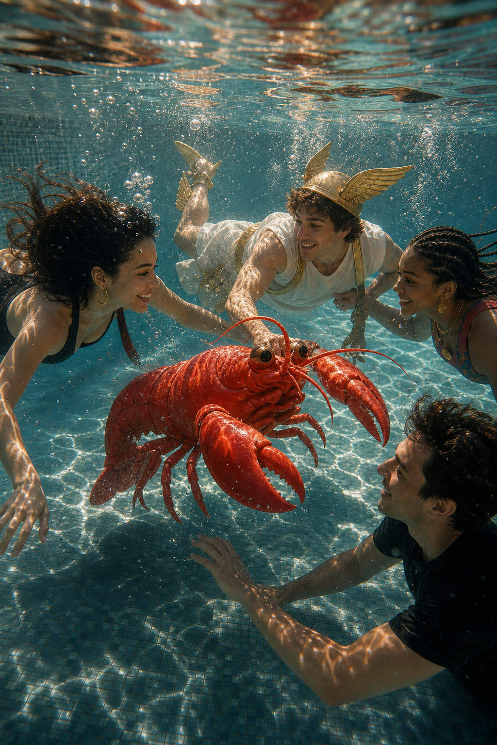 Hummer, Hermes und Menschen schwimmen zusammen unter Wasser